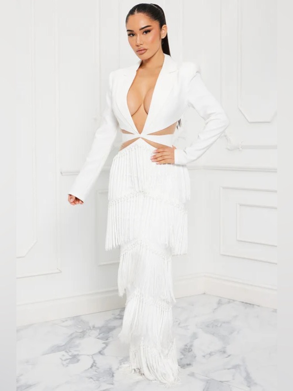 Fashion Nova Gown Deep V Plunge Fringe Plunge Day Night Gown - Picture 2 of 16
